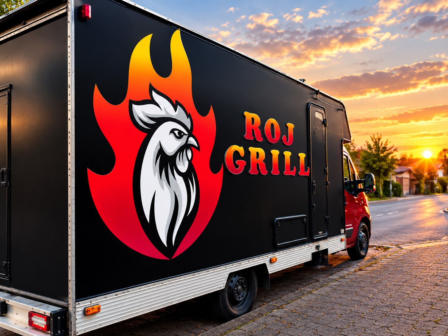 flammender roj grill foodtruck im abendlicht