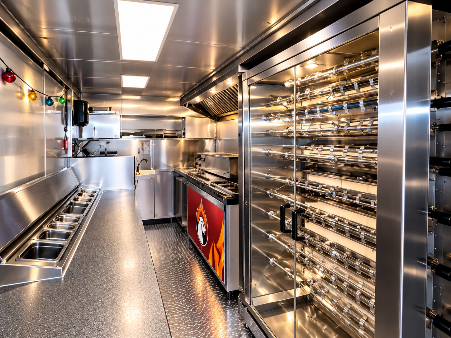 glänzende edelstahlküche mit rotisserie